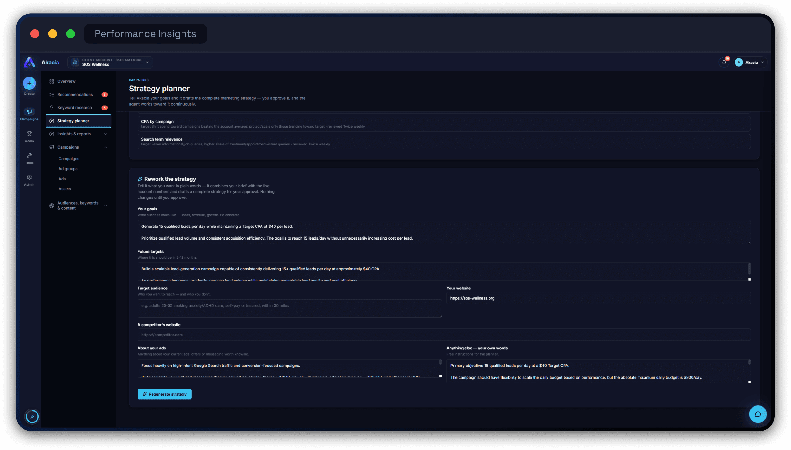 Akacia performance insights and strategy planner