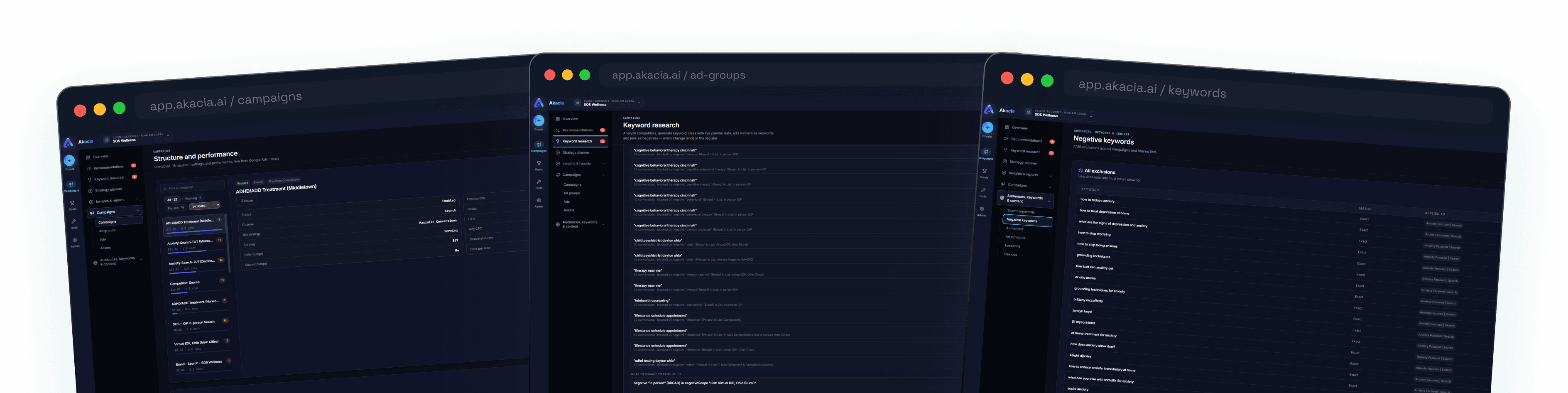 Akacia's campaigns, ad groups and keywords screens